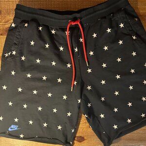 Nike Men’s XL Star Print Shorts – Black, Blue Logo, Red Drawstring